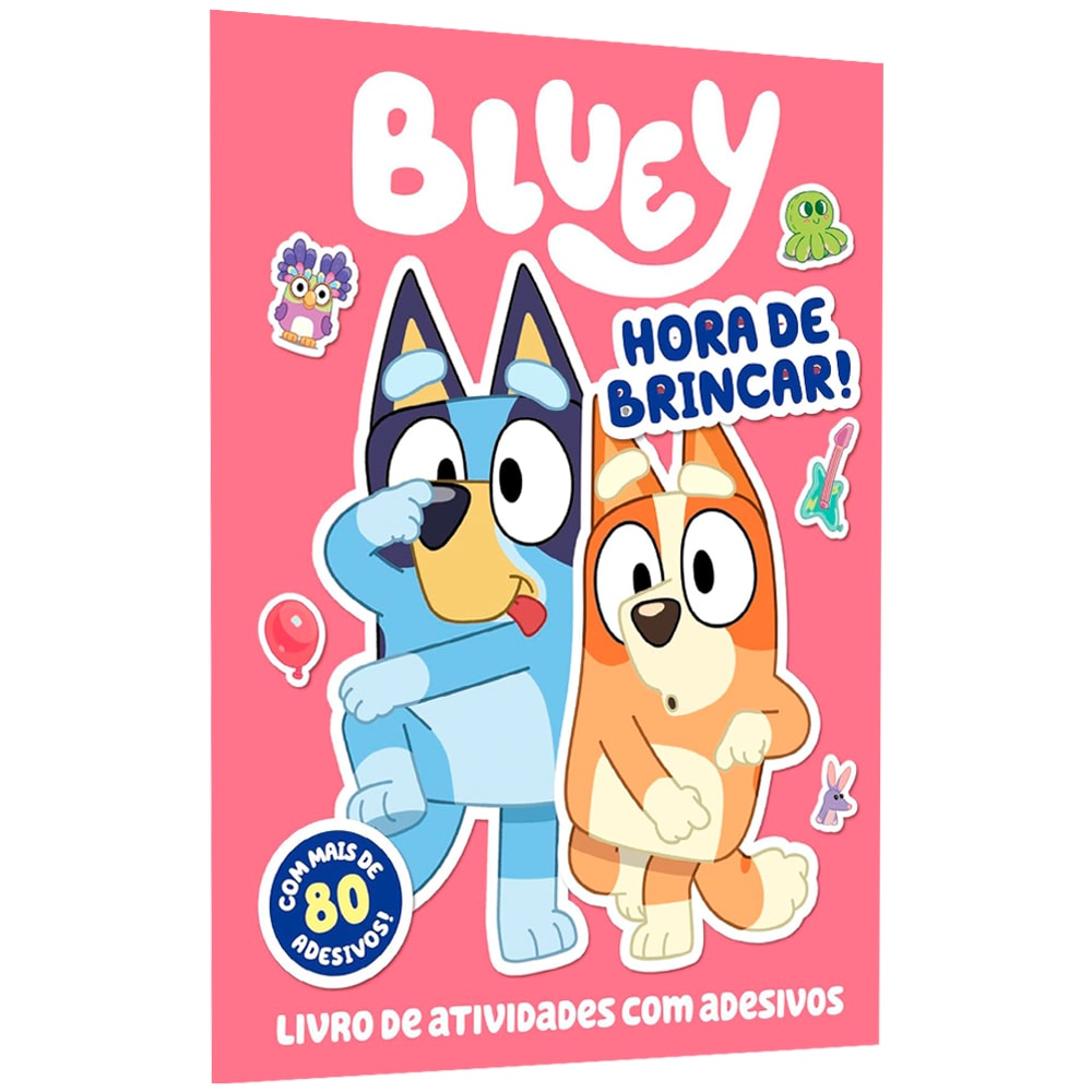 Livro de Adesivos e Atividades Bluey Hora de Brincar, capa rosa com personagens e adesivos — Plenitude