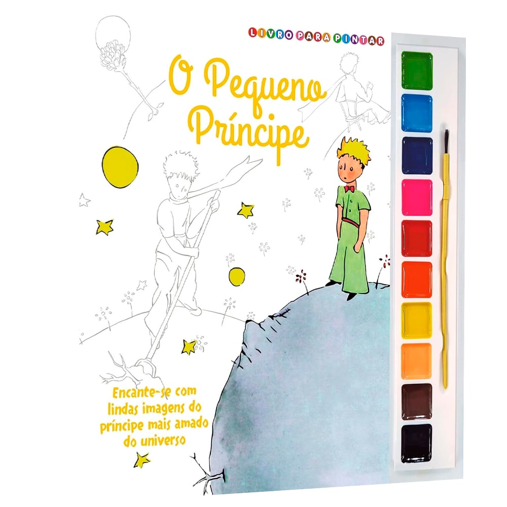 Livro para pintar O Pequeno Príncipe Aquarela, capa branca com ilustrações e conjunto de tintas. — Plenitude
