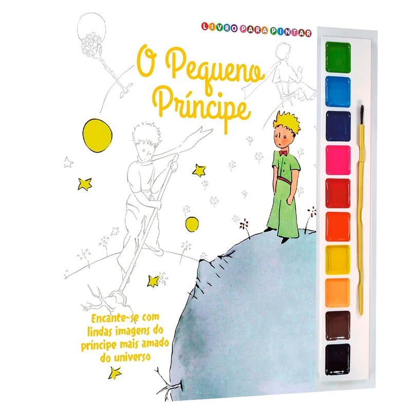 Livro para pintar O Pequeno Príncipe Aquarela, capa branca com ilustrações e conjunto de tintas. — Plenitude