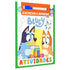 Livro de atividades Bluey Escreva e Apague, capa verde com personagens e caneta azul. — Plenitude