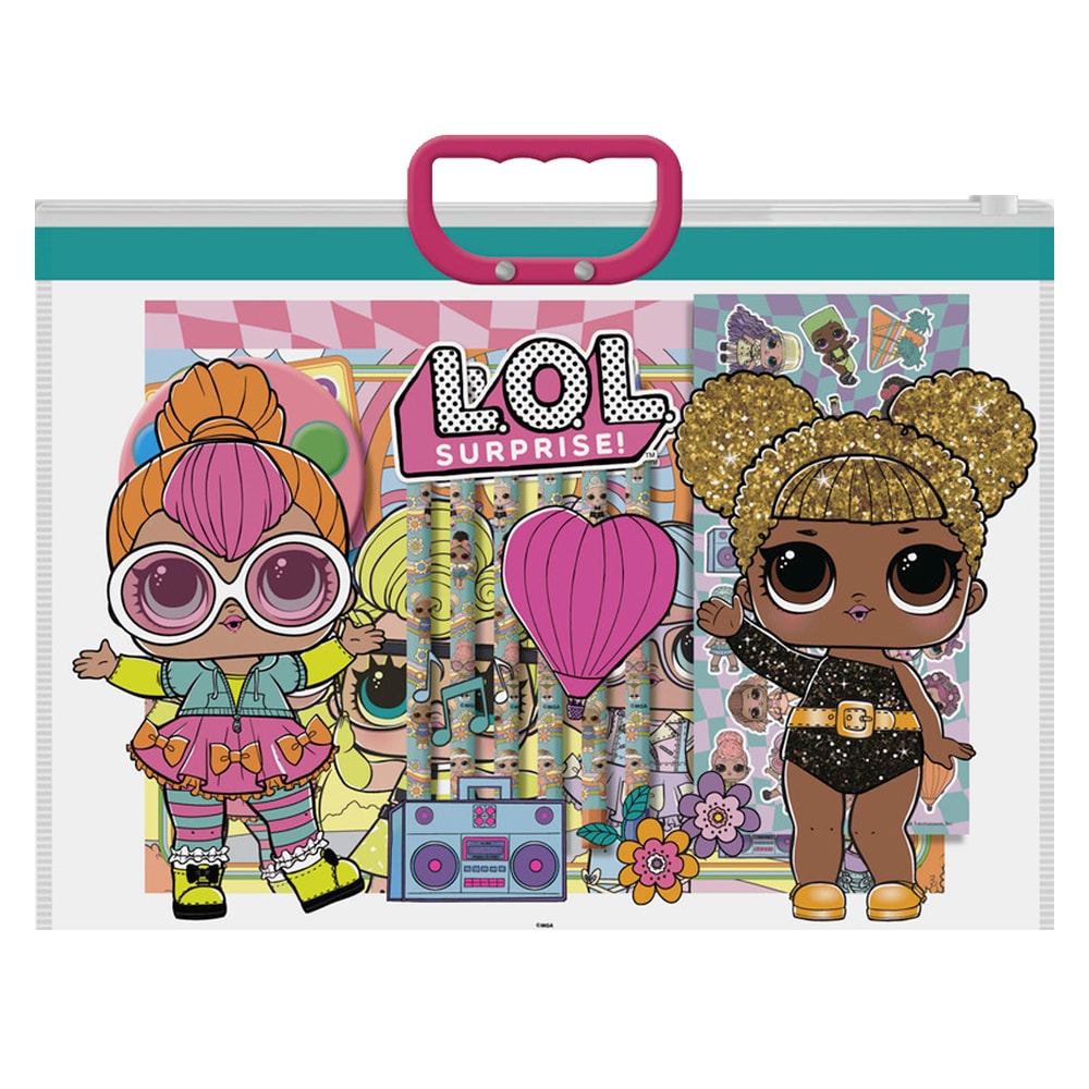 Maleta divertida LOL Surprise, transparente com alça rosa, contendo materiais de papelaria e adesivos. — Plenitude