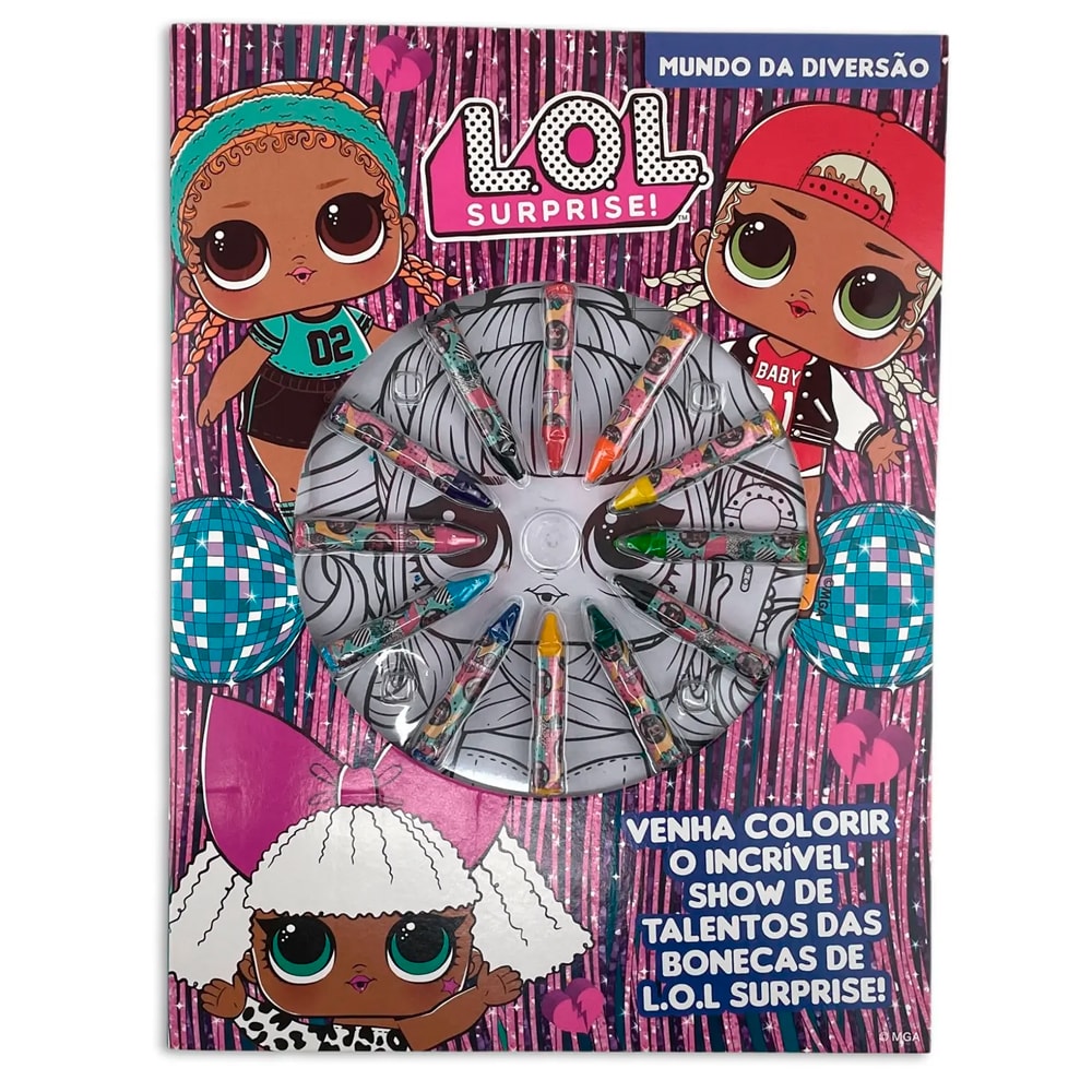 Livro de colorir LOL Surprise | Mundo da Diversão, capa rosa com bonecas e giz de cera. — Plenitude