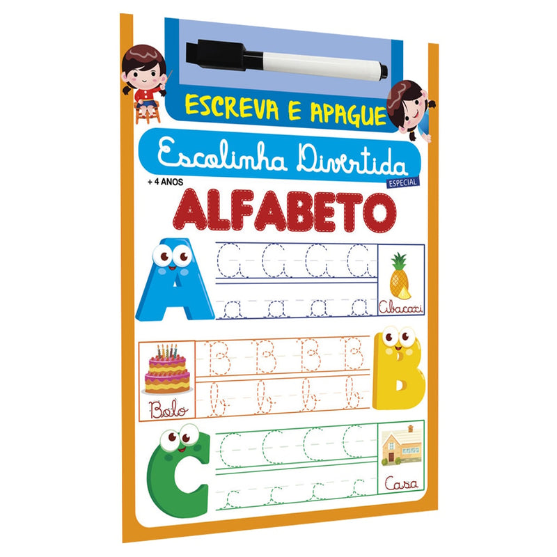 Livro Escolinha Divertida Especial Alfabeto Escreva e Apague, capa amarela com letras e imagens. — Plenitude