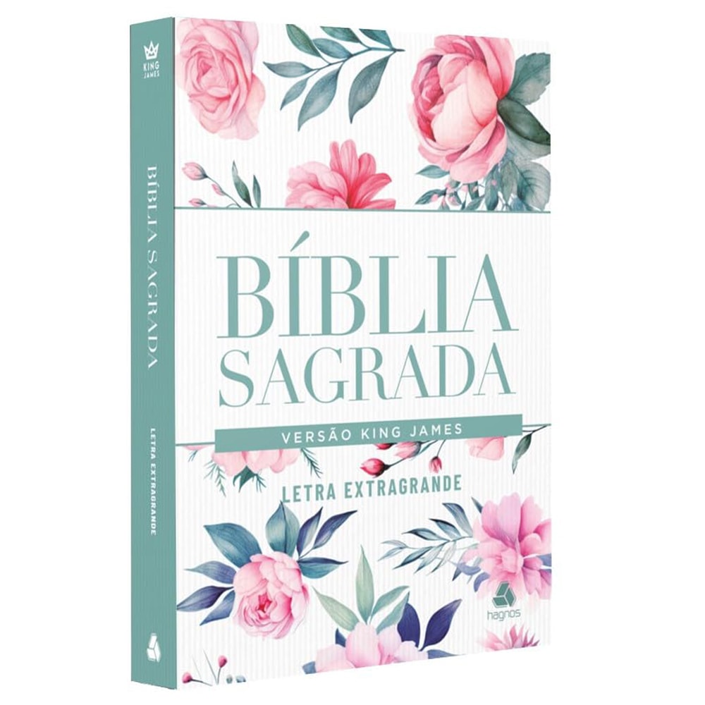 Bíblia Sagrada King James, capa dura branca com flores e folhas em tons de rosa e verde, letra extragrande. — Plenitude