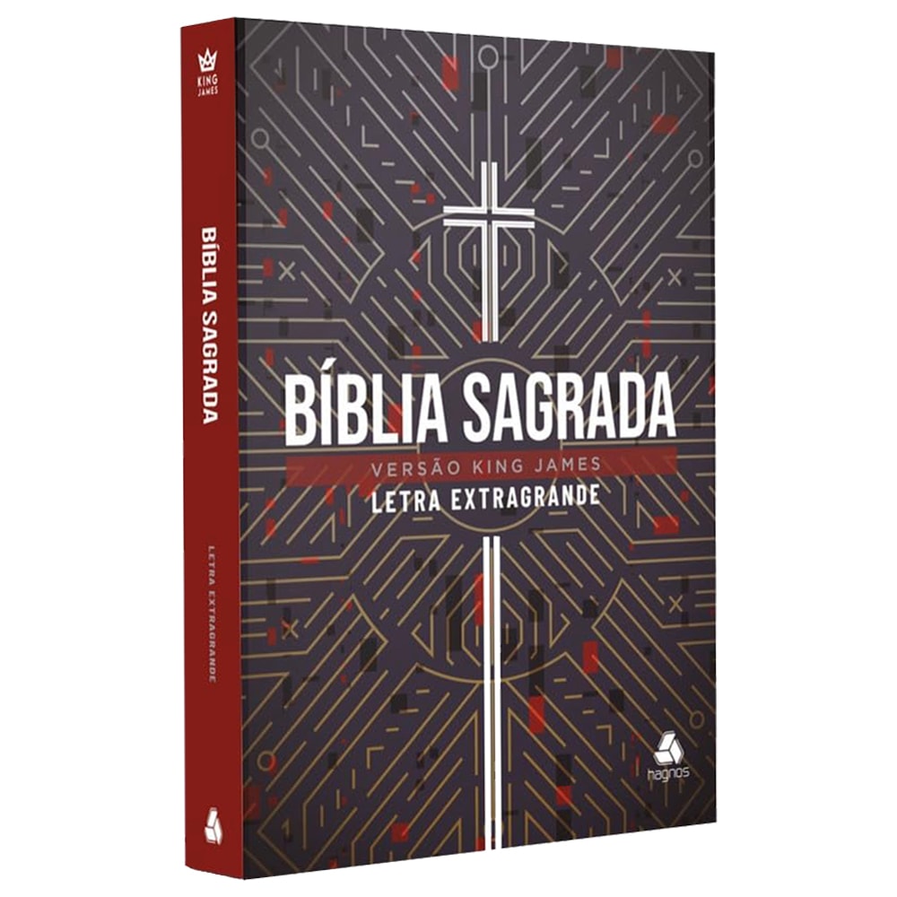 Bíblia Sagrada King James, capa dura preta com detalhes geométricos vermelhos e dourados, cruz branca central, letra extragrande — Plenitude
