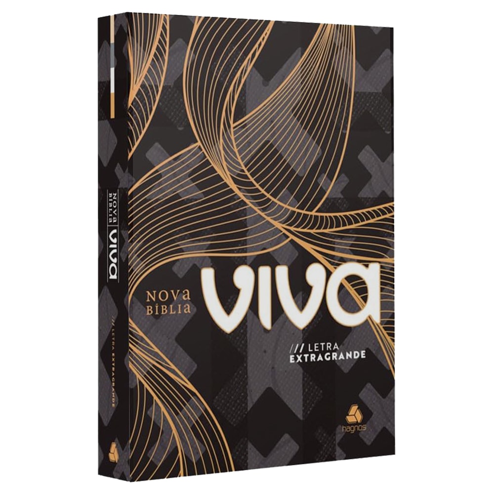 Bíblia Nova Viva, capa preta com detalhes dourados e cinzas, letra extragrande. — Plenitude