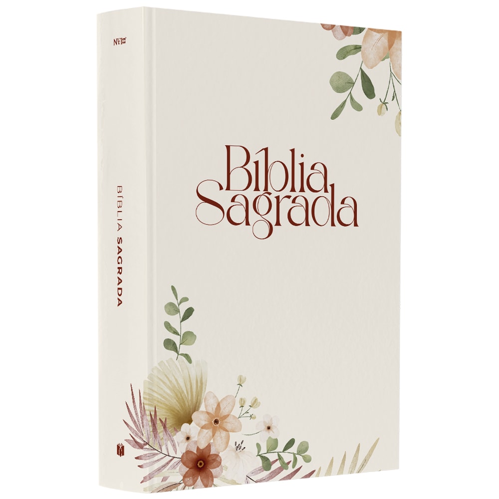 Bíblia Sagrada NVI, capa dura floral rosê com flores e folhagens em tons pastel, letra grande. — Plenitude
