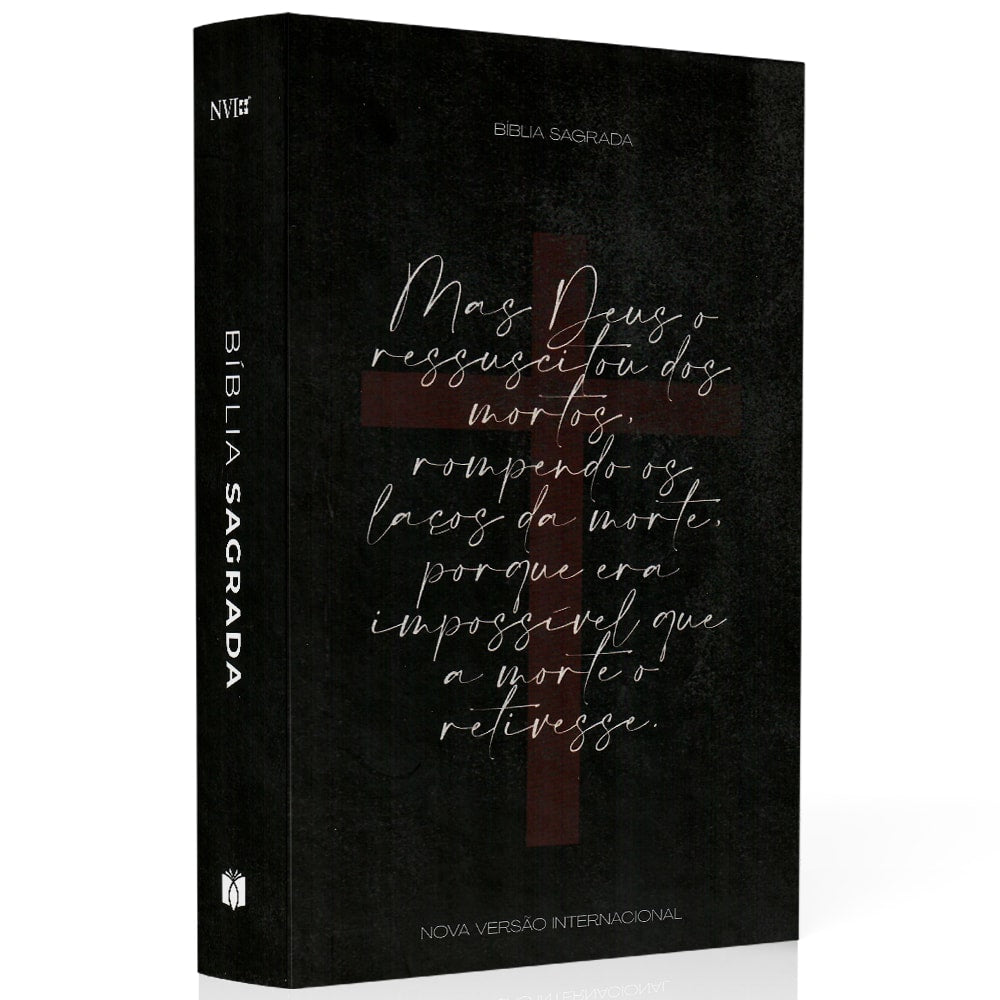 Bíblia Sagrada NVI, capa dura preta com cruz vermelha e frase "Mas Deus o ressuscitou dos mortos", letra grande. — Plenitude