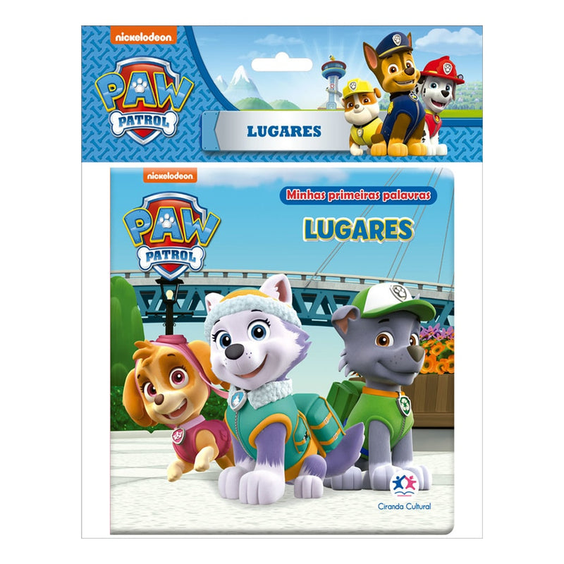 Livro de Banho Patrulha Canina Lugares, capa quadrada com personagens. — Plenitude