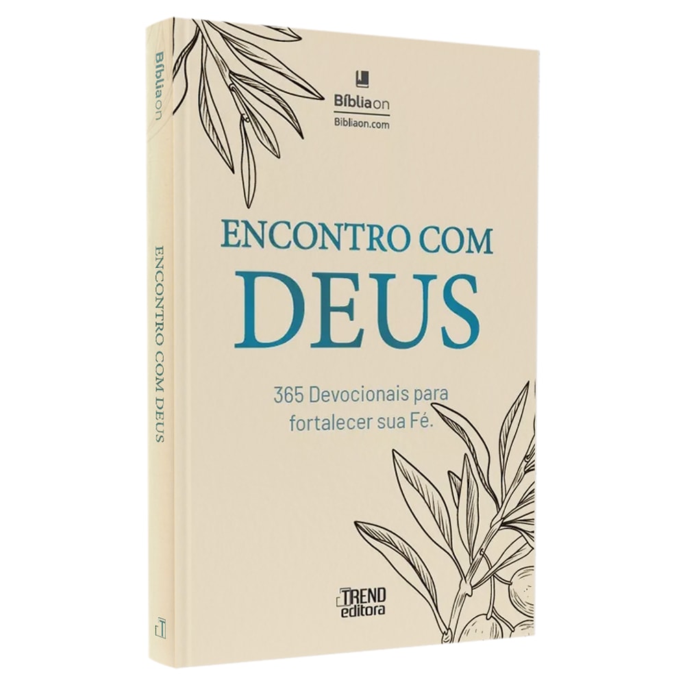 Livro "Encontro Com Deus | 365 Devocionais Para Fortalecer Sua Fé" com capa bege e ilustração de ramos de oliveira. — Plenitude