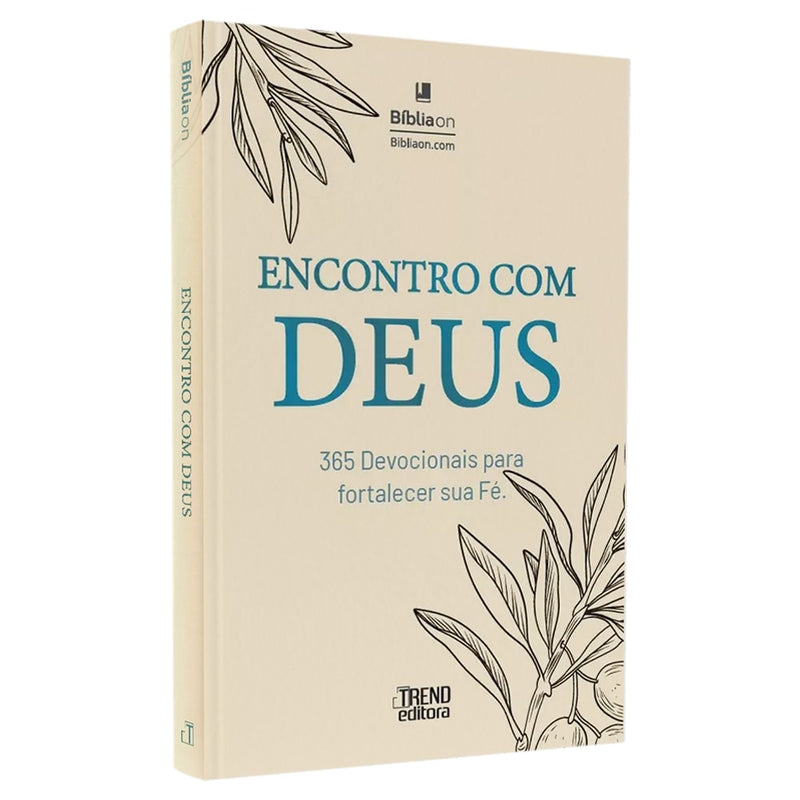 Livro "Encontro Com Deus | 365 Devocionais Para Fortalecer Sua Fé" com capa bege e ilustração de ramos de oliveira. — Plenitude