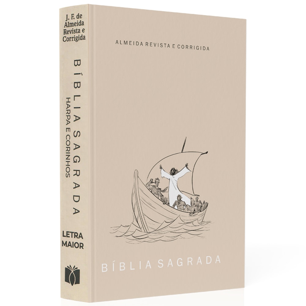 Bíblia Sagrada Jesus no Barco, ARC, letra maior, Harpa e Corinhos, capa bege com ilustração. — Plenitude