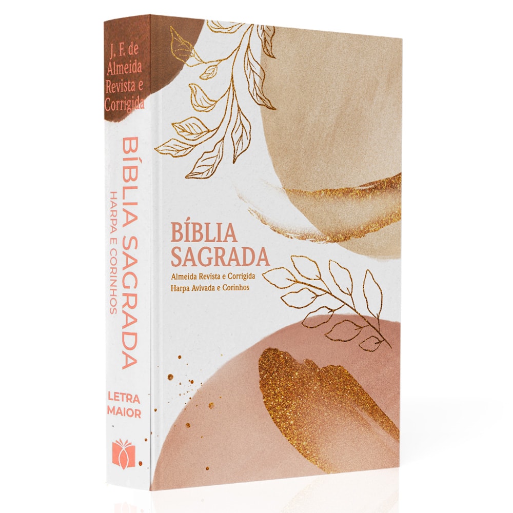 Bíblia Sagrada ARC Letra Maior, capa dura com design abstrato em tons terrosos, detalhes dourados de folhas e glitter. — Plenitude