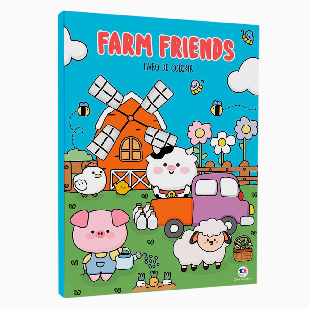 Livro de Colorir Farm Friends, capa azul com animais de fazenda e moinho. — Plenitude
