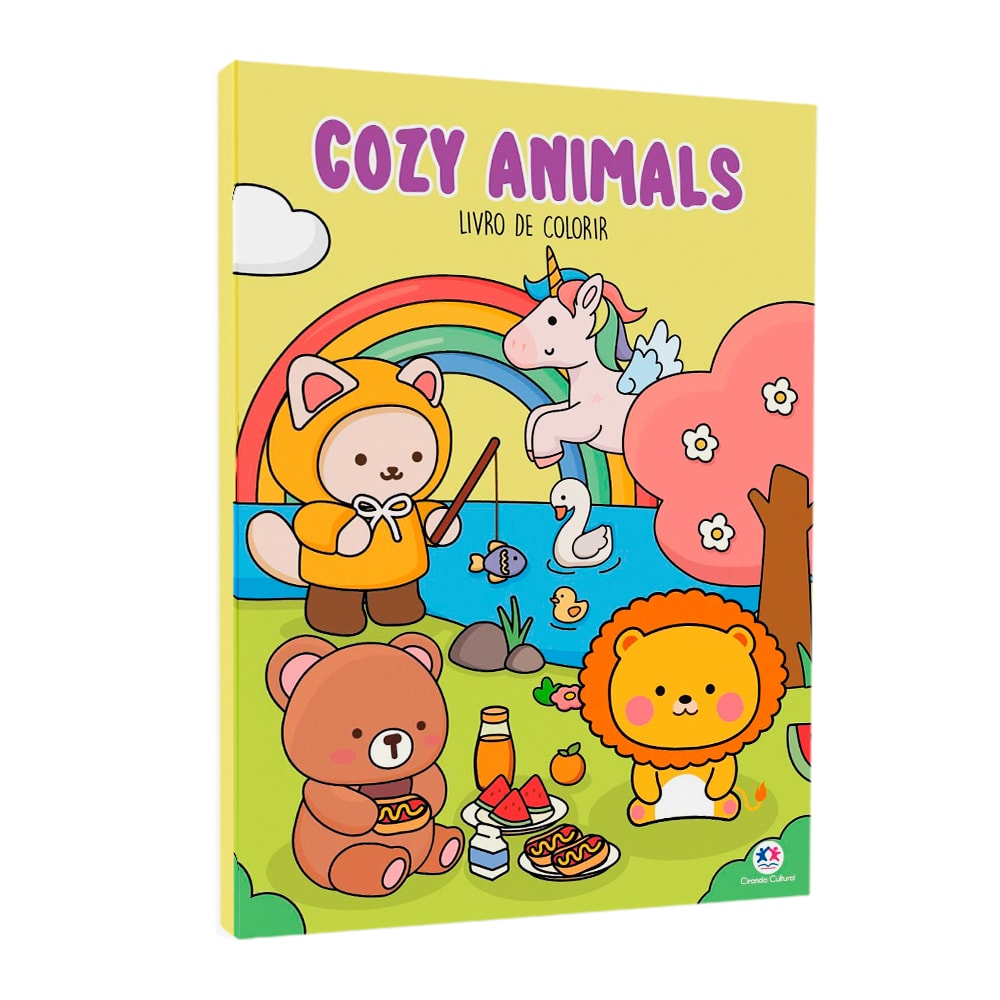 Livro de Colorir Cozy Animals, capa amarela com animais fofos e arco-íris. — Plenitude