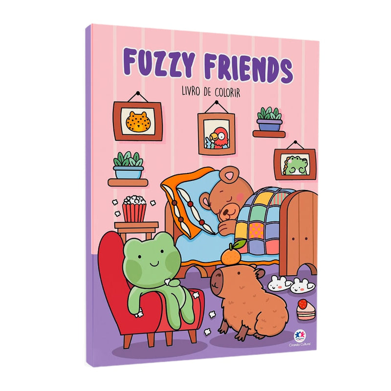 Livro de Colorir Fuzzy Friends, capa rosa com animais fofos em um quarto. — Plenitude