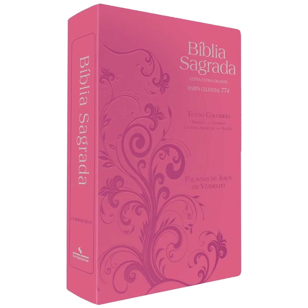 Bíblia Sagrada Harpa Celestial 774 ARC Letra Extra Gigante, capa rosa com arabescos e detalhes em vermelho. — Plenitude.
