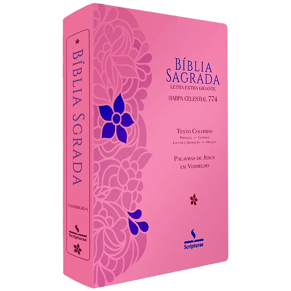 Bíblia Sagrada Harpa Celestial 774, versão ARC, capa rosa com flores azuis, letra extra gigante, texto colorido e palavras de — Plenitude