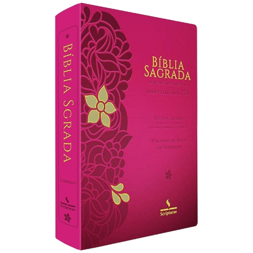 Bíblia Sagrada ARC Harpa Celestial 774, capa pink com flor amarela, letra extra gigante, texto colorido, palavras de Jesus em — Plenitude