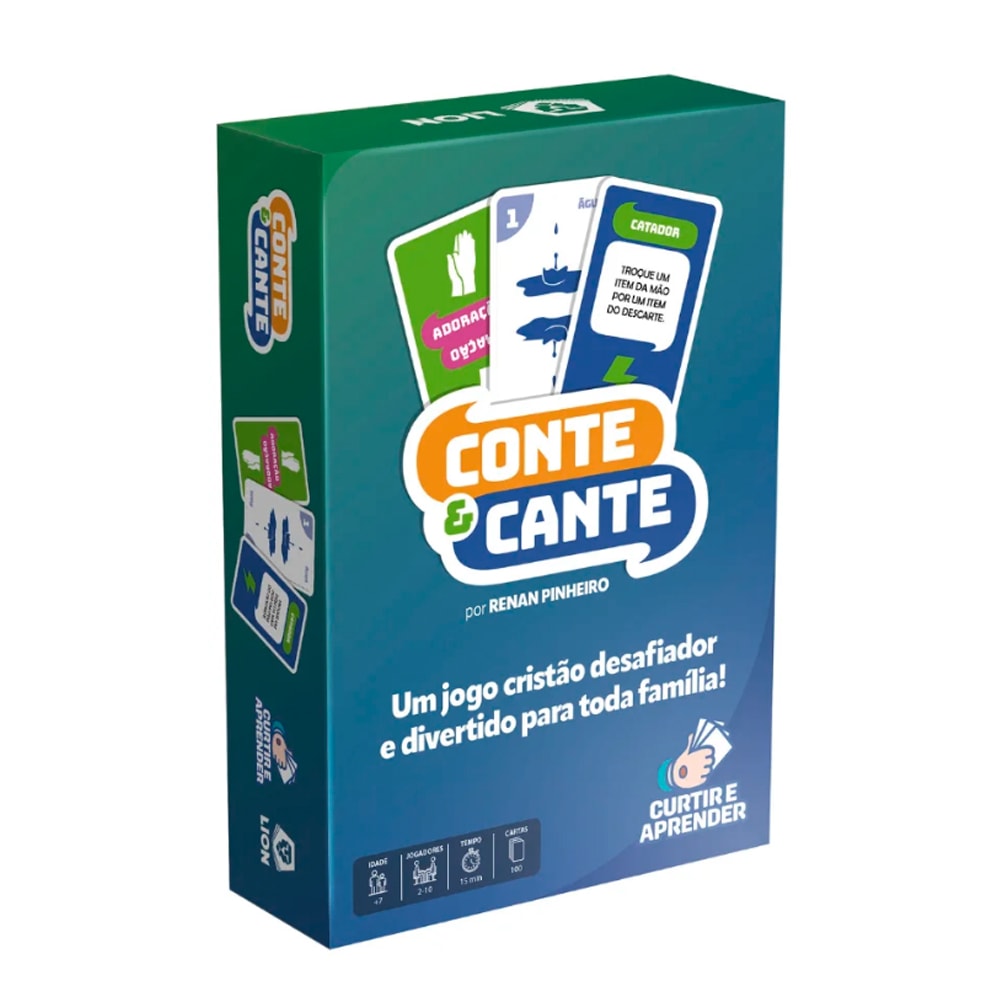 Jogo de Cartas Conte e Cante, por Renan Pinheiro, caixa verde e azul com cartas. — Plenitude