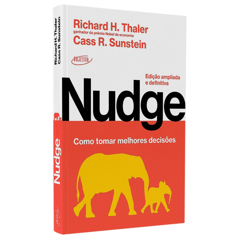 Livro "Nudge" de Richard H. Thaler e Cass R. Sunstein, capa vermelha com elefantes. — Plenitude