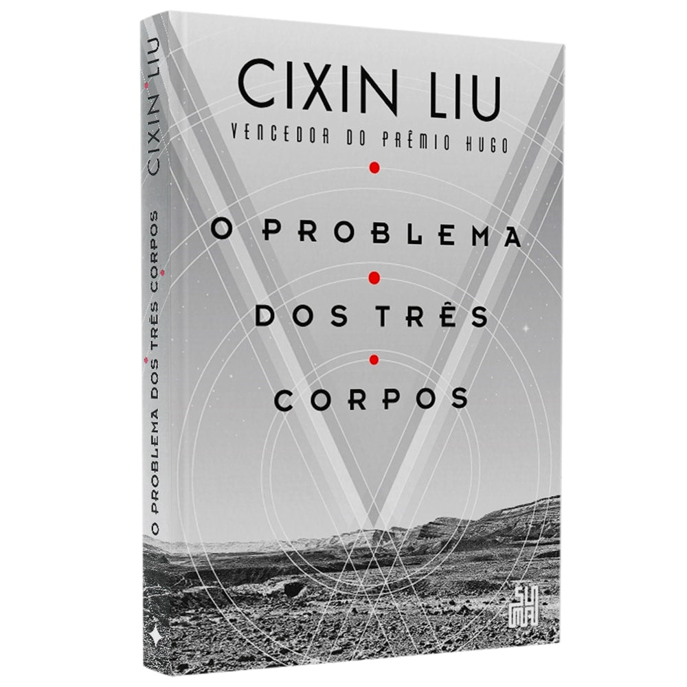 Livro: O Problema dos Três Corpos, de Cixin Liu. Capa cinza com planetas e pontos vermelhos. — Plenitude