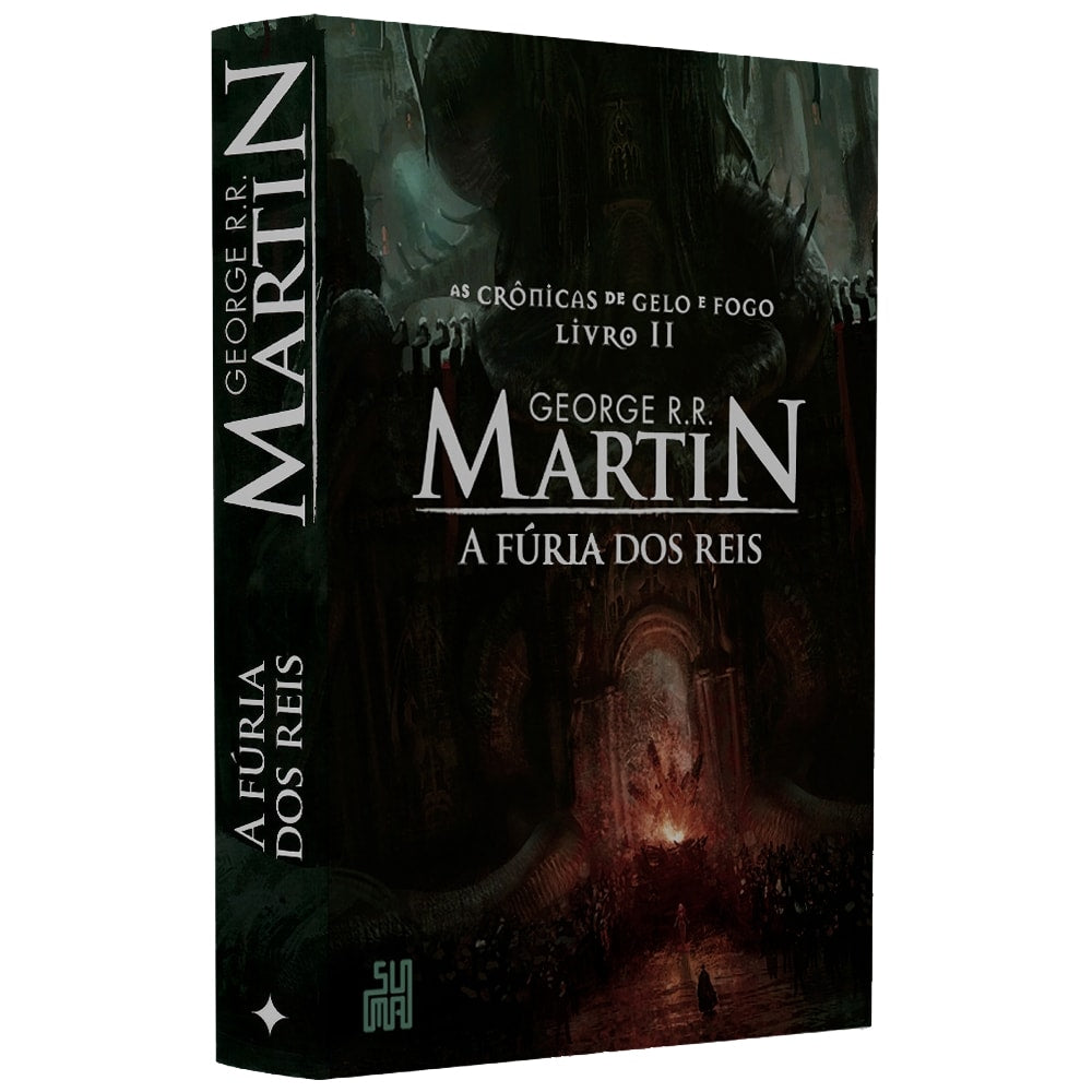 Livro A Fúria dos Reis de George R.R. Martin, Livro 2, capa escura com castelo e multidão. — Plenitude
