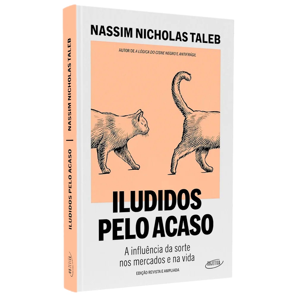 Livro Iludidos Pelo Acaso de Nassim Nicholas Taleb, capa branca com dois gatos e texto em laranja. — Plenitude