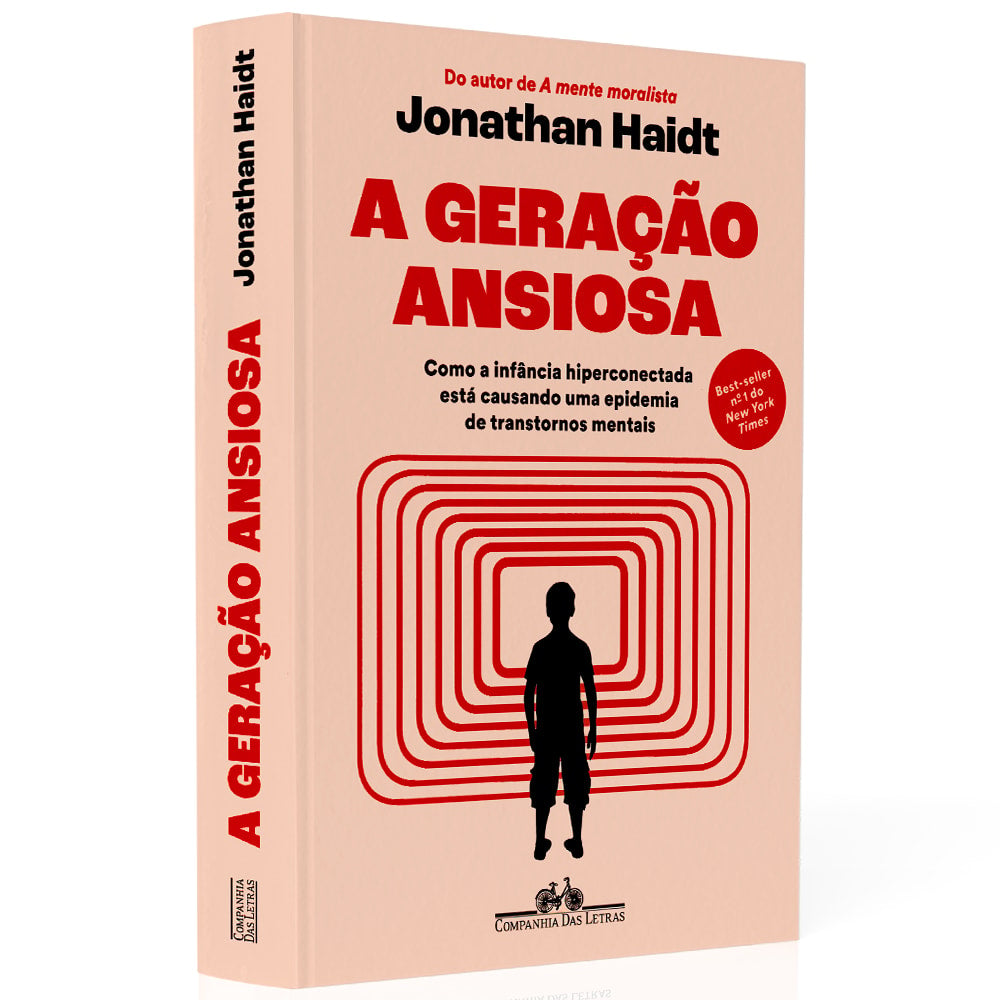 Livro "A Geração Ansiosa" de Jonathan Haidt, capa rosa com silhueta de criança e labirinto vermelho. — Plenitude