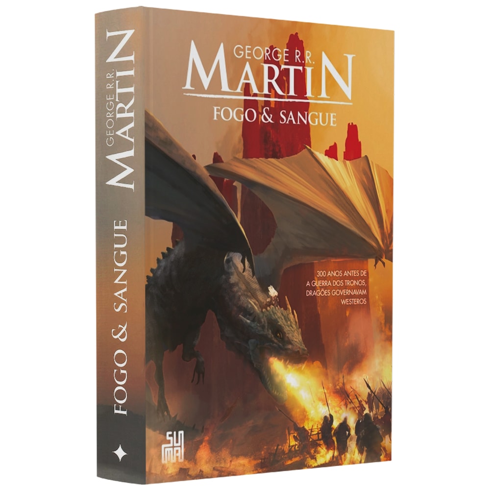 Livro: Fogo e Sangue, de George R. R. Martin. Capa com dragão e batalha. — Plenitude