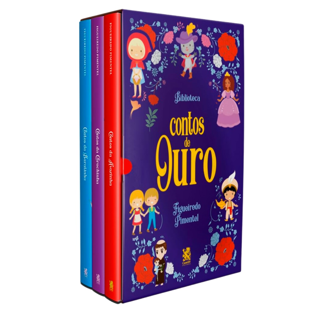 Box de livros Biblioteca Contos de Ouro de Figueiredo Pimentel, capa roxa com ilustrações de contos de fadas. — Plenitude