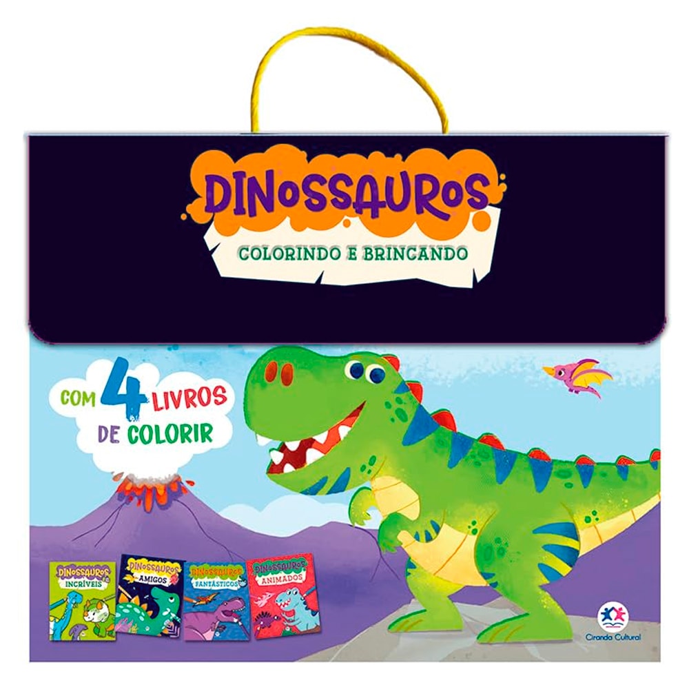 Kit de livros para colorir Dinossauros Colorir Brincando, capa com dinossauro verde. — Plenitude