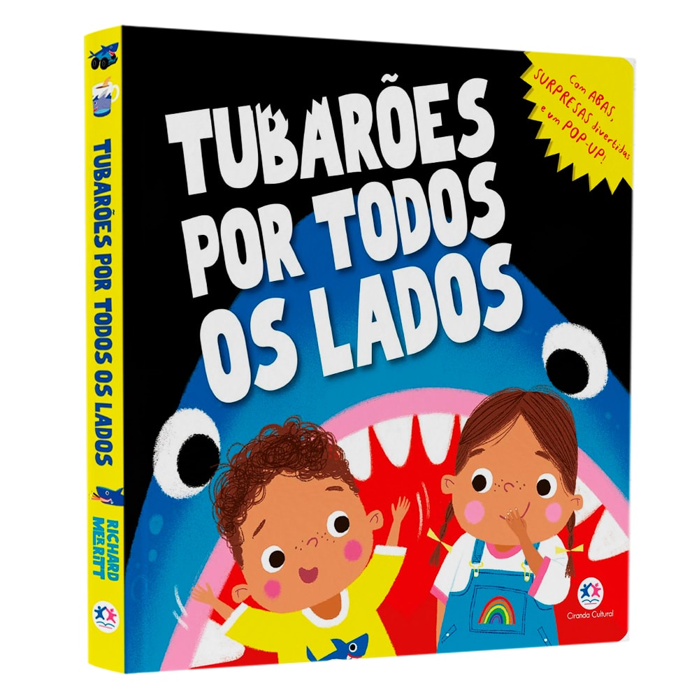 Livro Tubarões Por Todos os Lados de Richard Merritt, capa preta com crianças e tubarão. — Plenitude