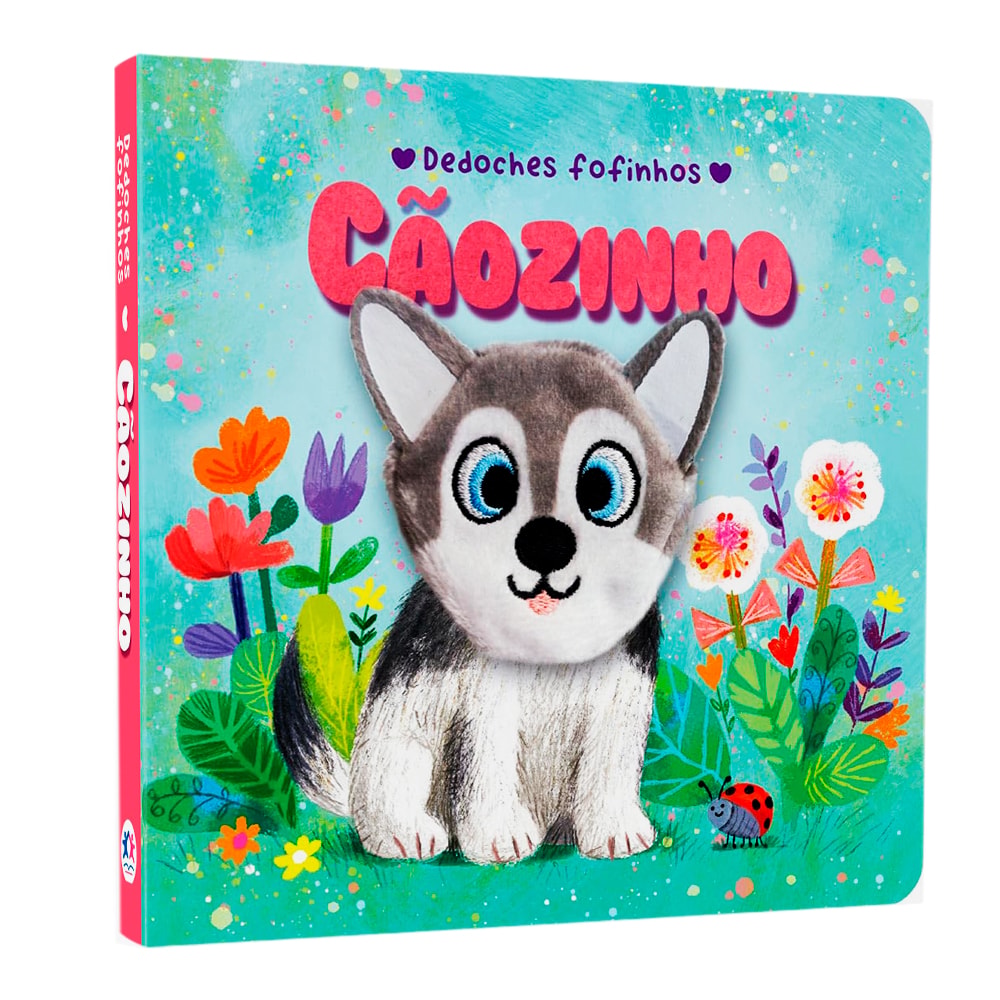 Livro infantil Cãozinho | Dedoches Fofinhos, capa dura azul com cãozinho de pelúcia no centro e flores coloridas — Plenitude