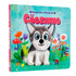 Livro infantil Cãozinho | Dedoches Fofinhos, capa dura azul com cãozinho de pelúcia no centro e flores coloridas — Plenitude