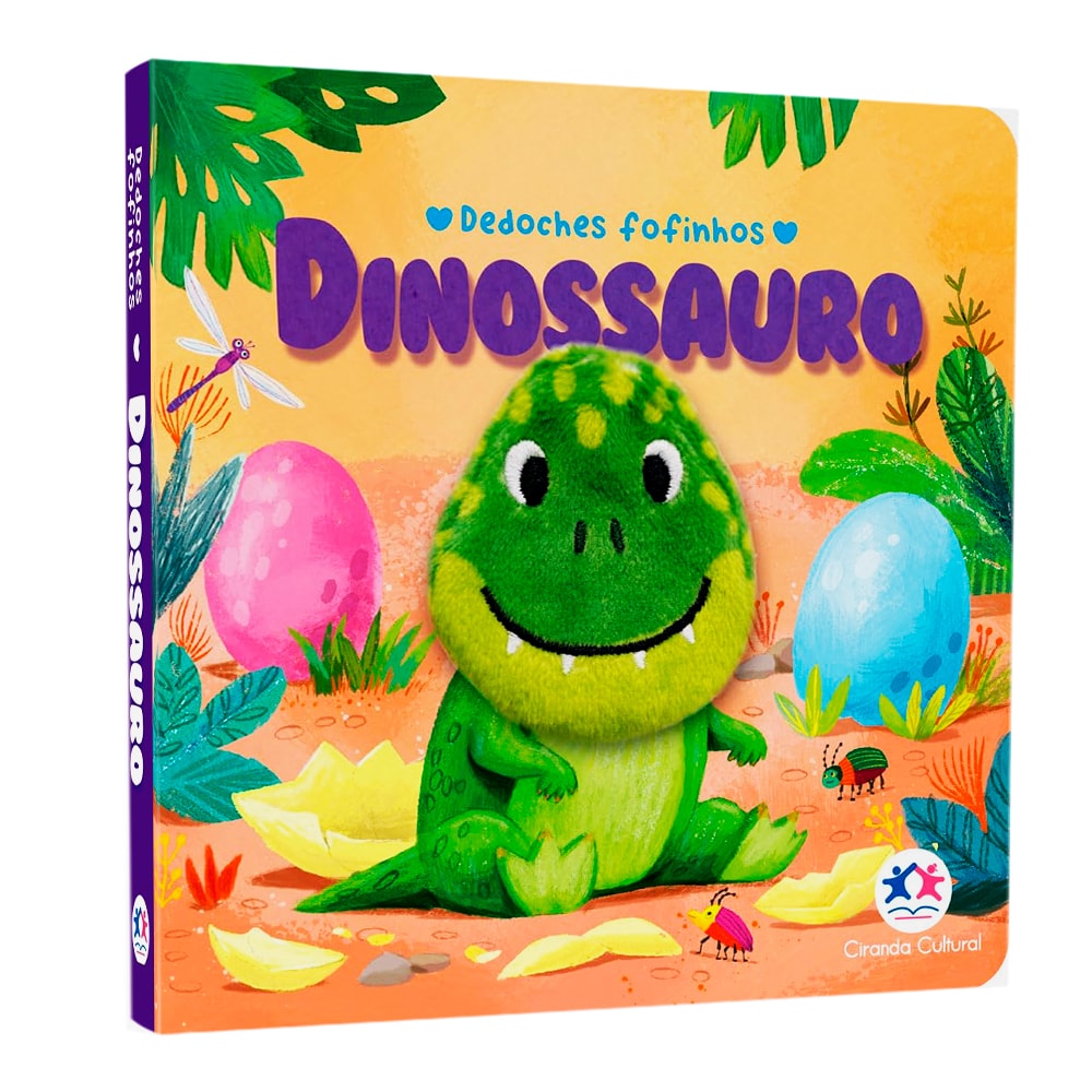 Livro infantil Dinossauro Dedoches Fofinhos, capa verde com dinossauro de pelúcia e ovos. — Plenitude