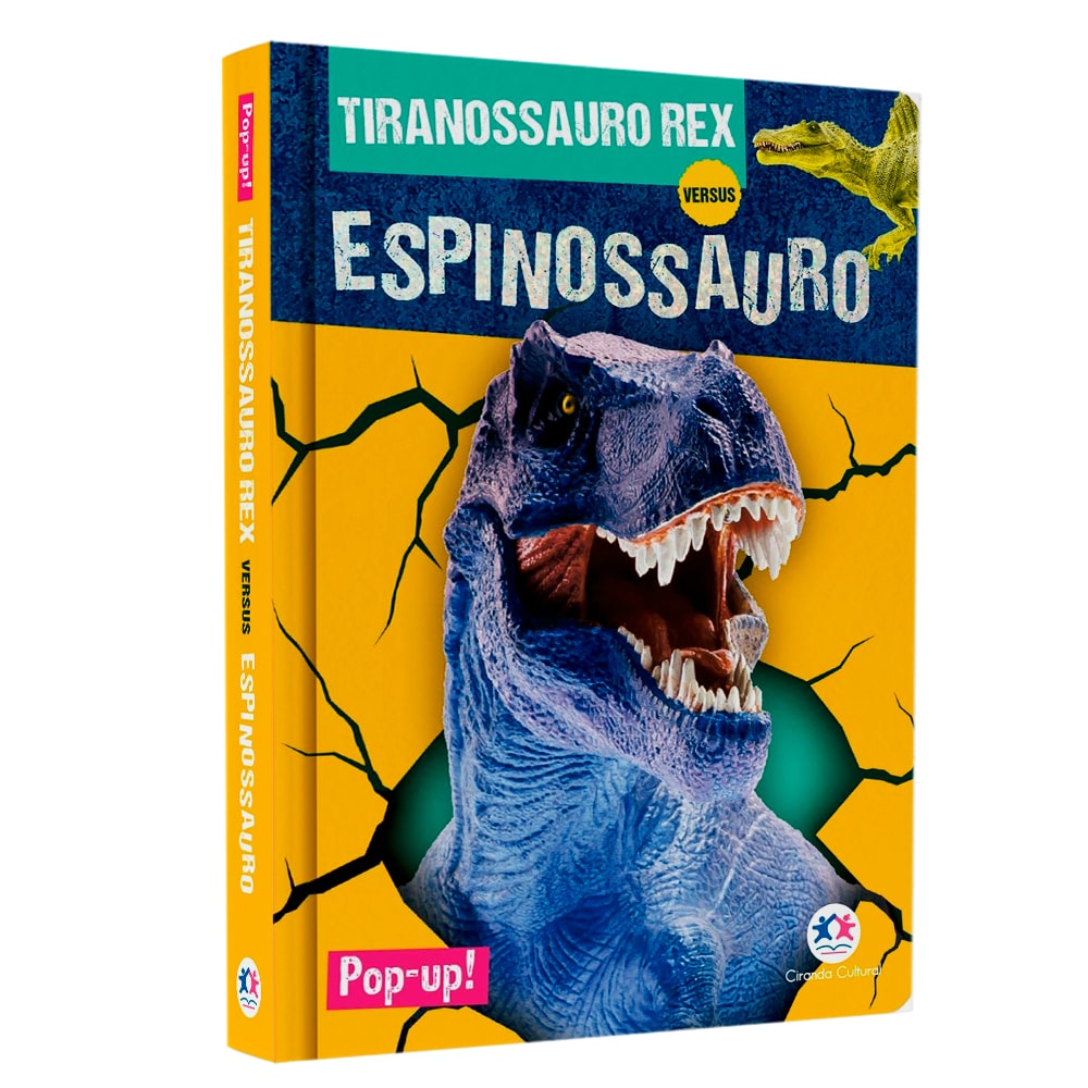 Livro pop-up Tiranossauro Rex Versus Espinossauro, capa amarela e azul com dinossauros. — Plenitude