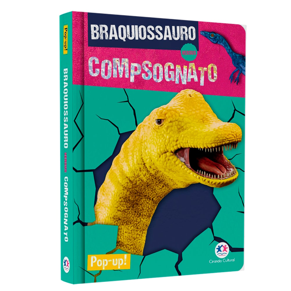 Livro infantil Braquiossauro Versus Compsognato Pop-Up!, capa colorida com dinossauros. — Plenitude