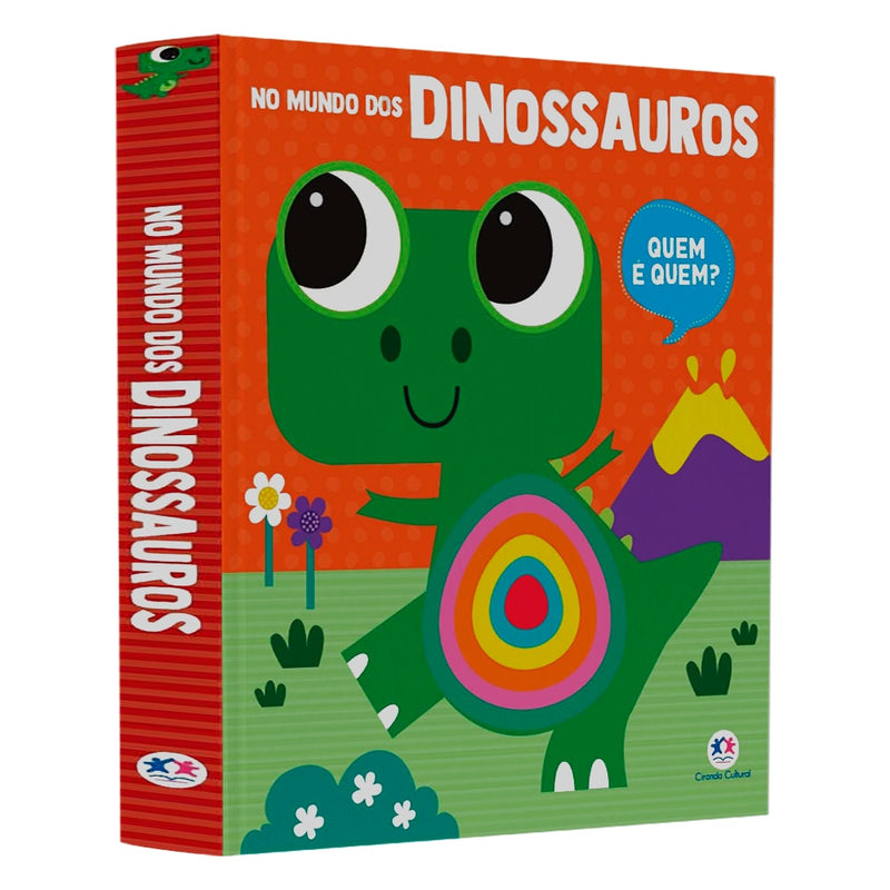 Livro infantil "No Mundo dos Dinossauros | Quem é Quem?" da Ciranda Cultural, capa laranja com dinossauro verde. — Plenitude