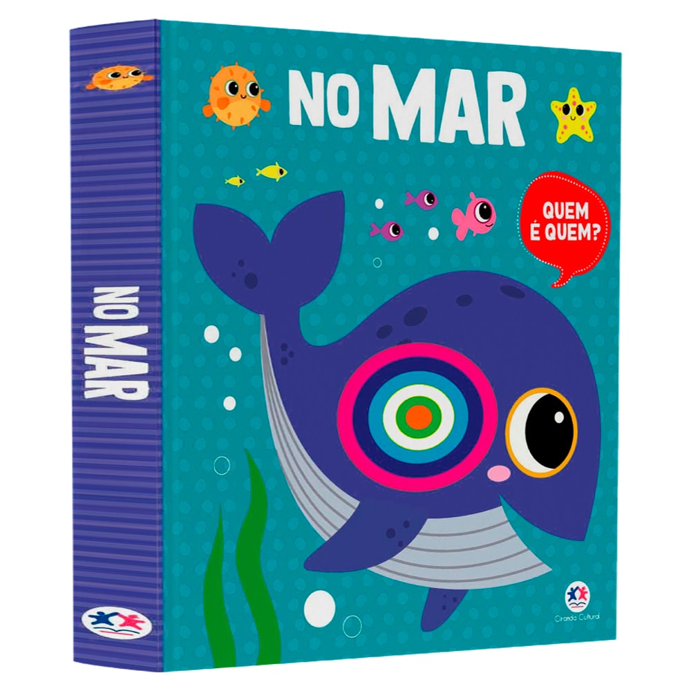 Livro No Mar Quem é Quem?, capa dura azul com baleia e outros animais marinhos em feltro. — Plenitude
