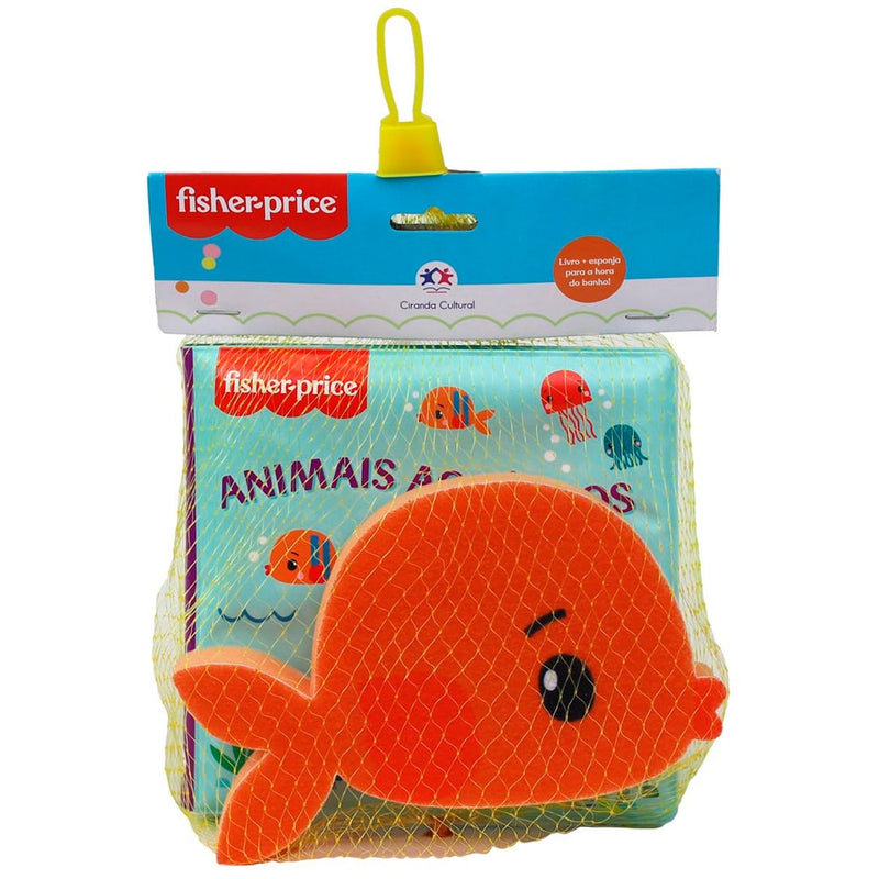 Kit de banho Fisher-Price com livro e esponja de peixe laranja, embalagem azul. — Plenitude