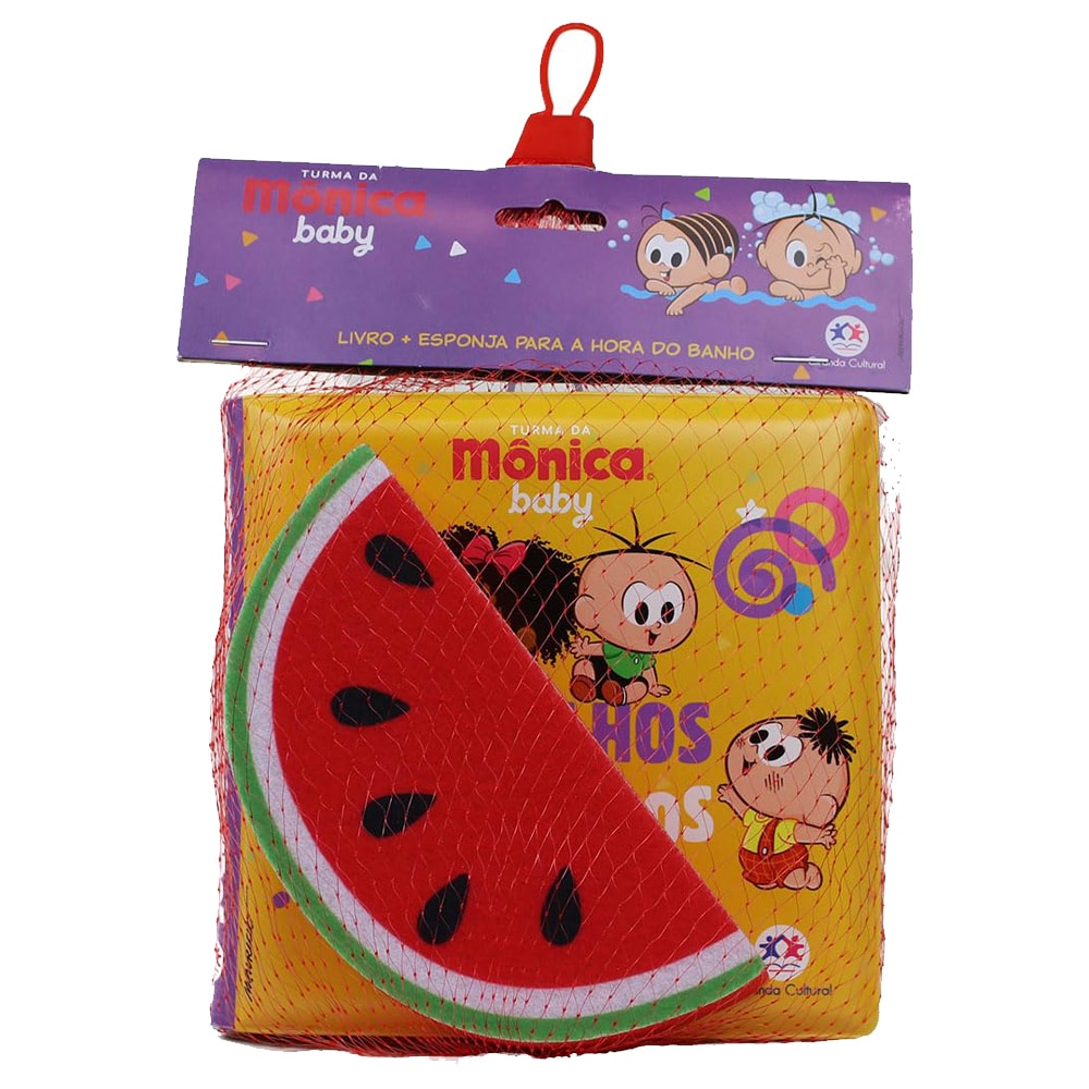 Kit de banho Turma da Mônica com livro e esponja de melancia, embalagem roxa. — Plenitude