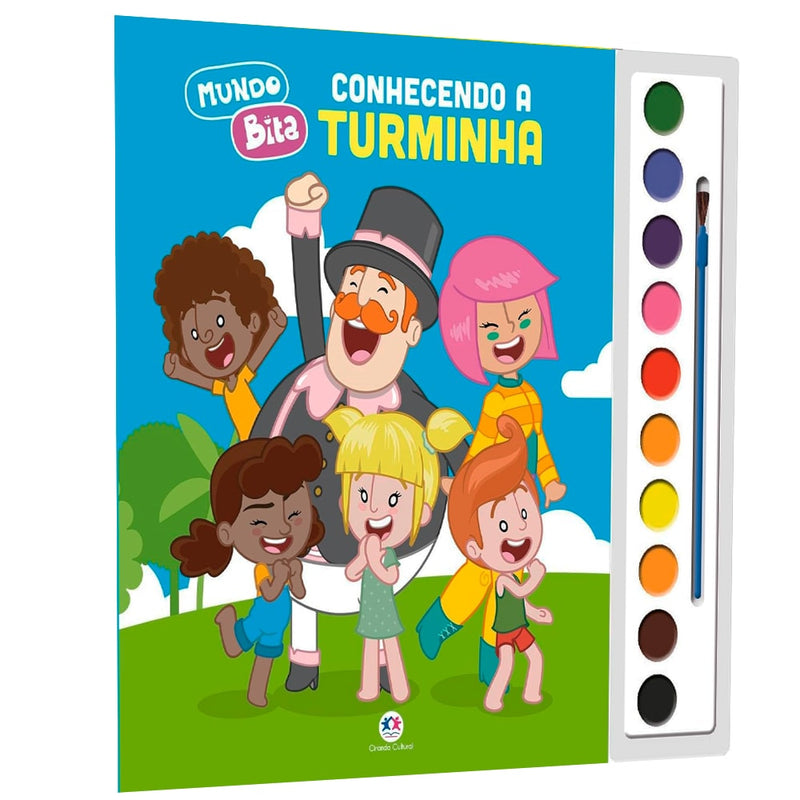 Livro Mundo Bita | Conhecendo a Turminha, com aquarela, capa azul com personagens do Mundo Bita e paleta de cores — Plenitude