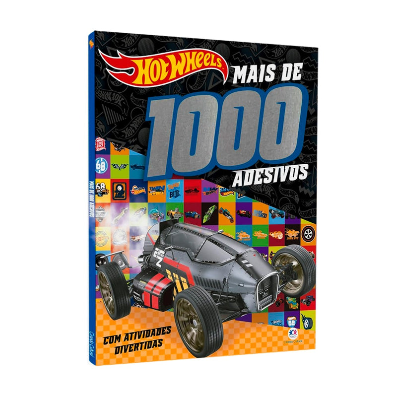 Livro de adesivos "Hot Wheels | Mais de 1000 Adesivos" da Ciranda Cultural, capa preta com carro de corrida. — Plenitude