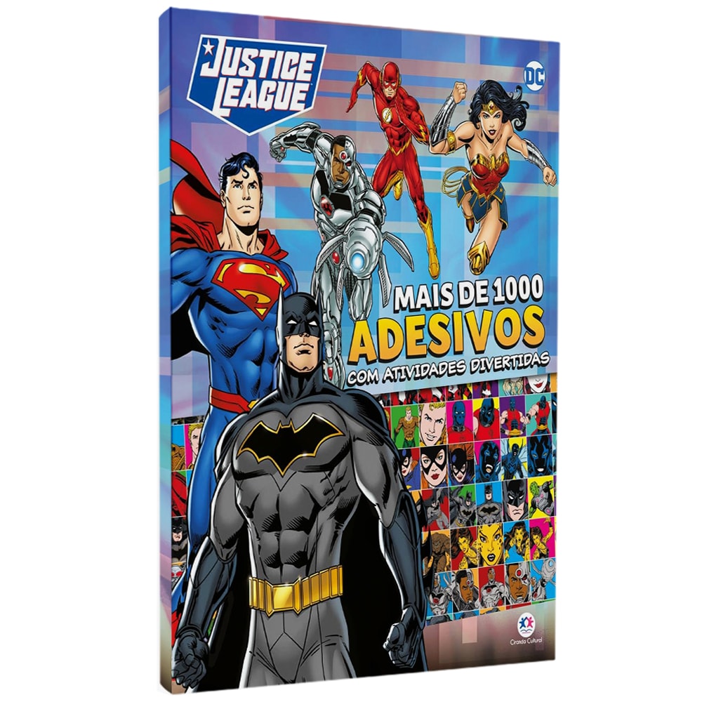 Livro Liga da Justiça Mais de 1000 Adesivos, capa com Super-Homem, Batman, Mulher Maravilha e outros heróis. — Plenitude