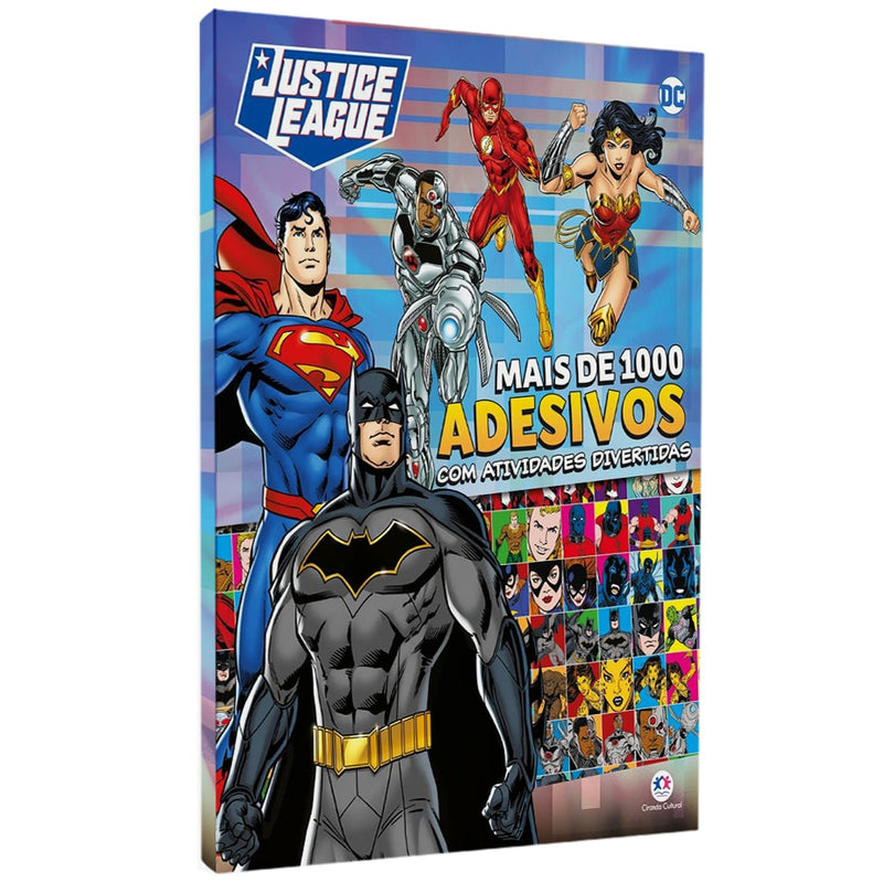 Livro Liga da Justiça Mais de 1000 Adesivos, capa com Super-Homem, Batman, Mulher Maravilha e outros heróis. — Plenitude