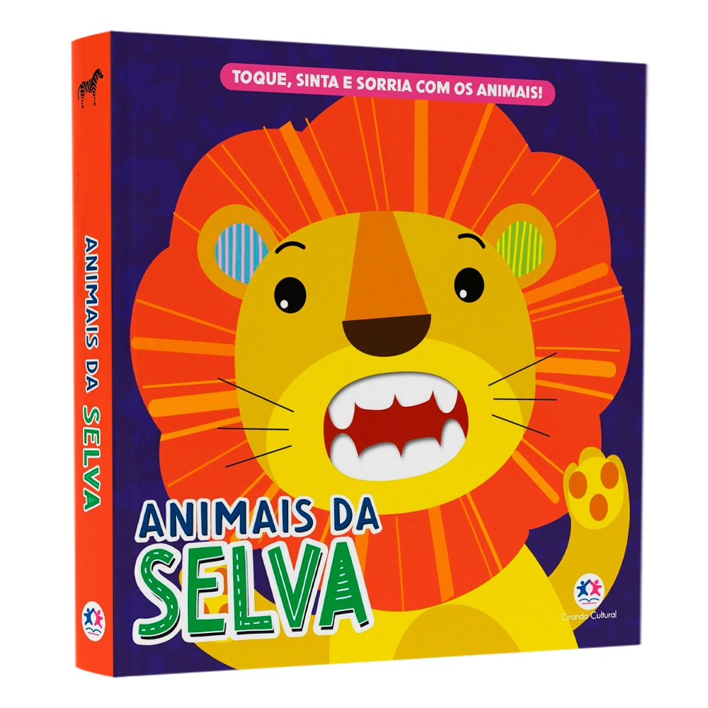 Livro Toque, Sinta e Sorria Animais da Selva, capa azul escura com leão laranja e amarelo. — Plenitude