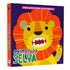 Livro Toque, Sinta e Sorria Animais da Selva, capa azul escura com leão laranja e amarelo. — Plenitude