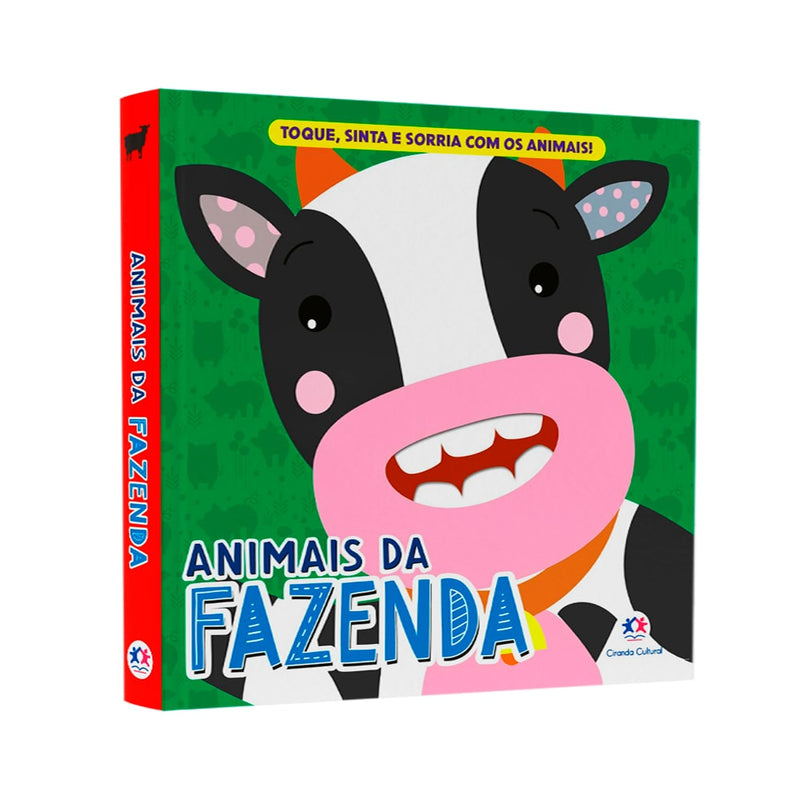 Livro Toque e Sinta Animais da Fazenda, capa verde com vaca preta e branca. — Plenitude