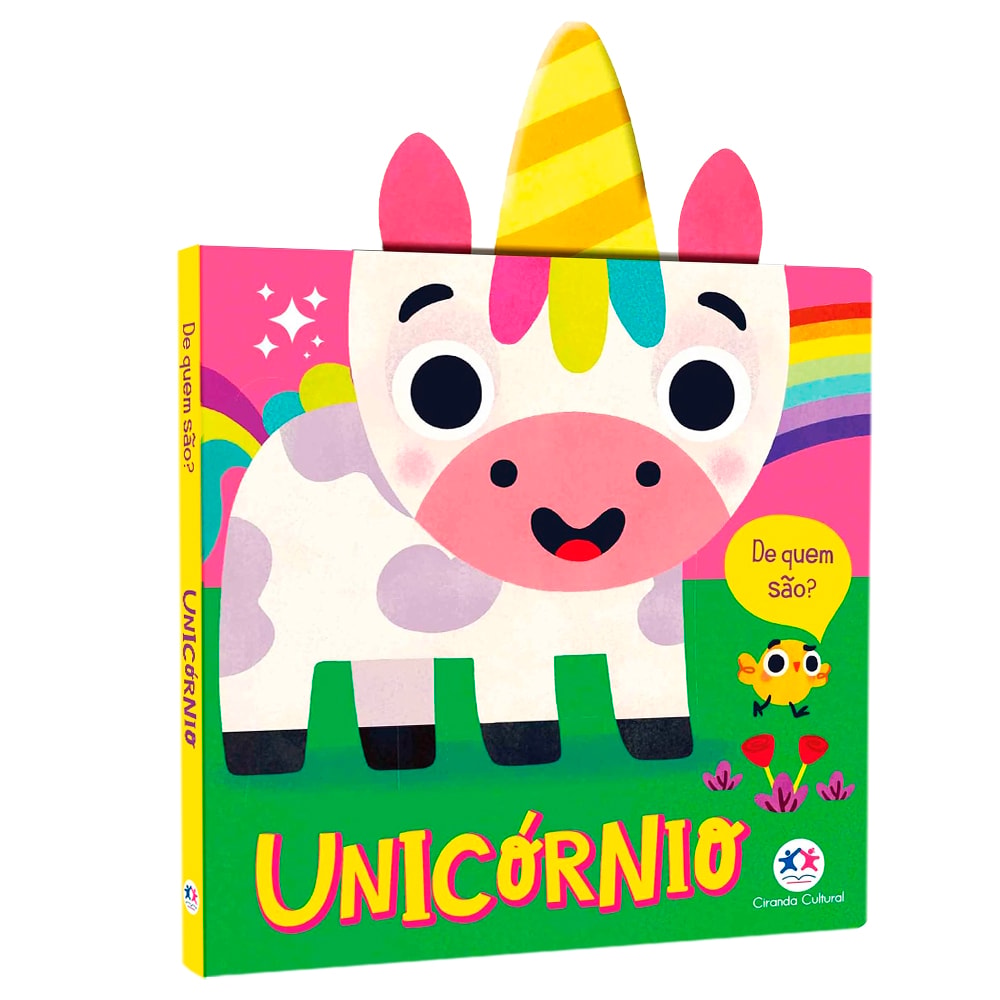 Livro infantil "Unicórnio | De Quem São?" da Ciranda Cultural, capa rosa e verde com unicórnio. — Plenitude